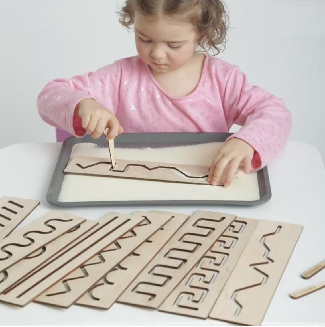 Set of 10 Wooden Stencils for Kids – Montessori Tracing Boards, Prewriting Learning Tool for Homeschool & Preschool – Natural Pine MDF Toys, Size 10.2 x 3.15 Inch
